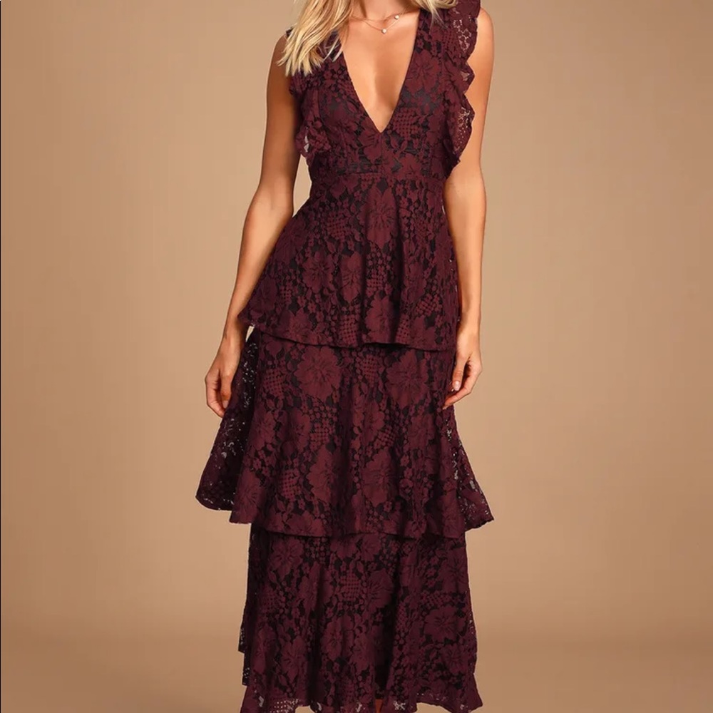 NWT Molinette Burgundy Lace Ruffle Tiered Sleeveless Maxi Dress - Picture 1 of 6